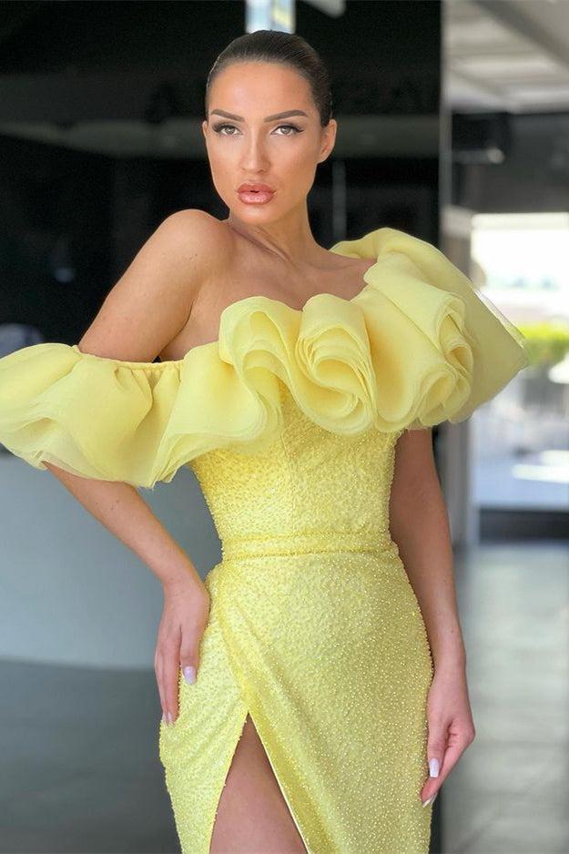 Daffodil Off The Shoulder Mermaid Evening Dress with Sequins and Split