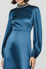Dark Blue High Neck A-Line Long Satin Prom Dress With Beading