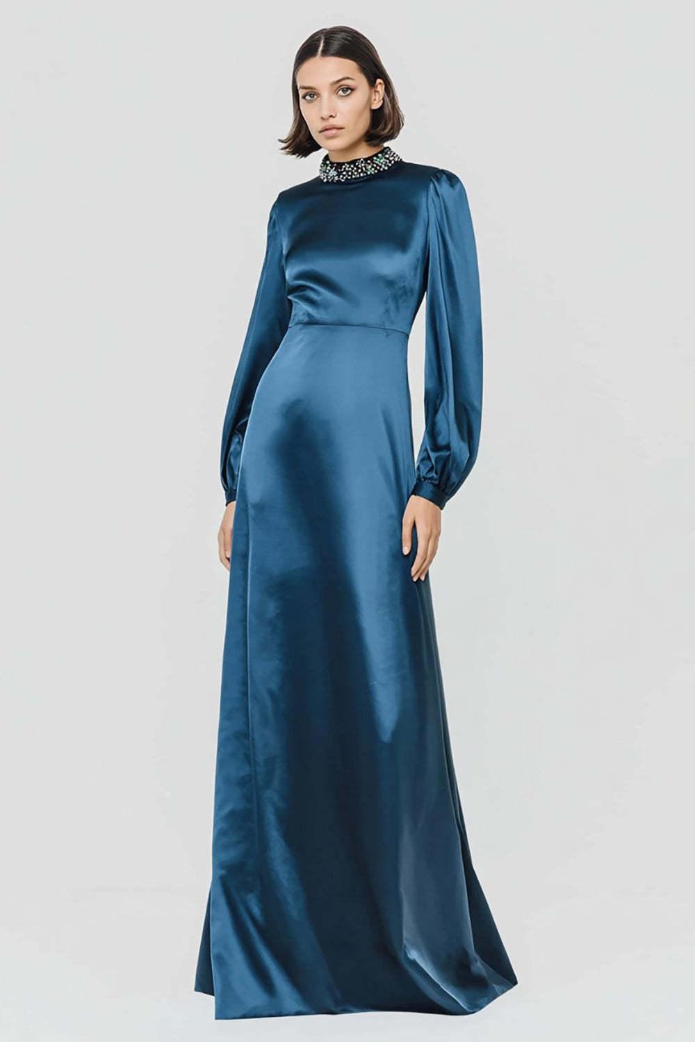 Dark Blue High Neck A-Line Long Satin Prom Dress With Beading