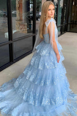 Dark Blue Prom Dress Ruffled Tiered Lace A-Line Long Evening Dress