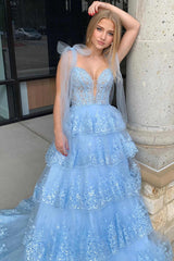 Dark Blue Prom Dress Ruffled Tiered Lace A-Line Long Evening Dress