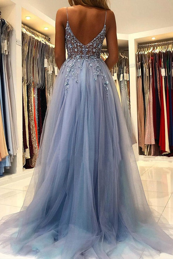 Dark Blue Prom Dress Spaghetti Straps Formal Evening Dress With Appliques