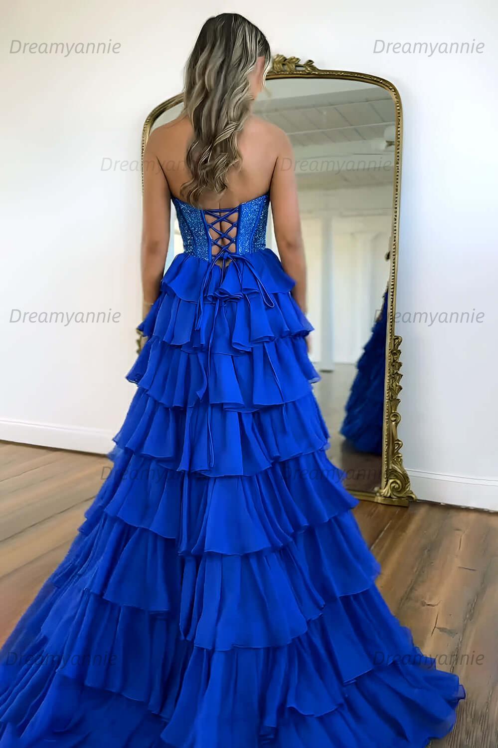 Dreamyannie Navy Prom Dress A Line Strapless Corset Long Chiffon Formal Dress