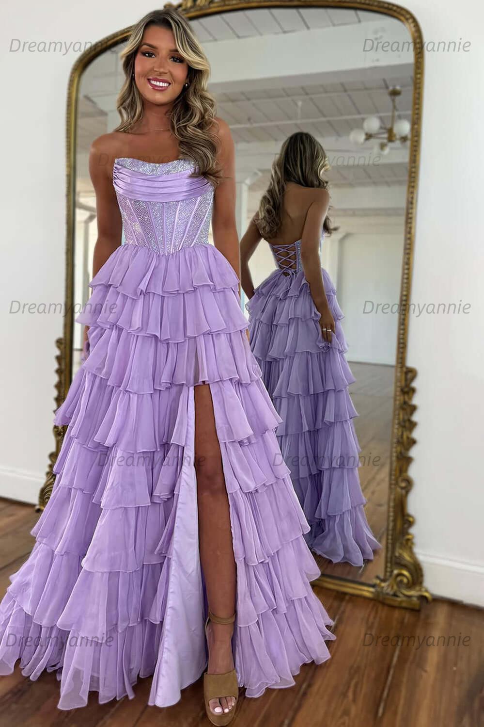Dreamyannie Navy Prom Dress A Line Strapless Corset Long Chiffon Formal Dress