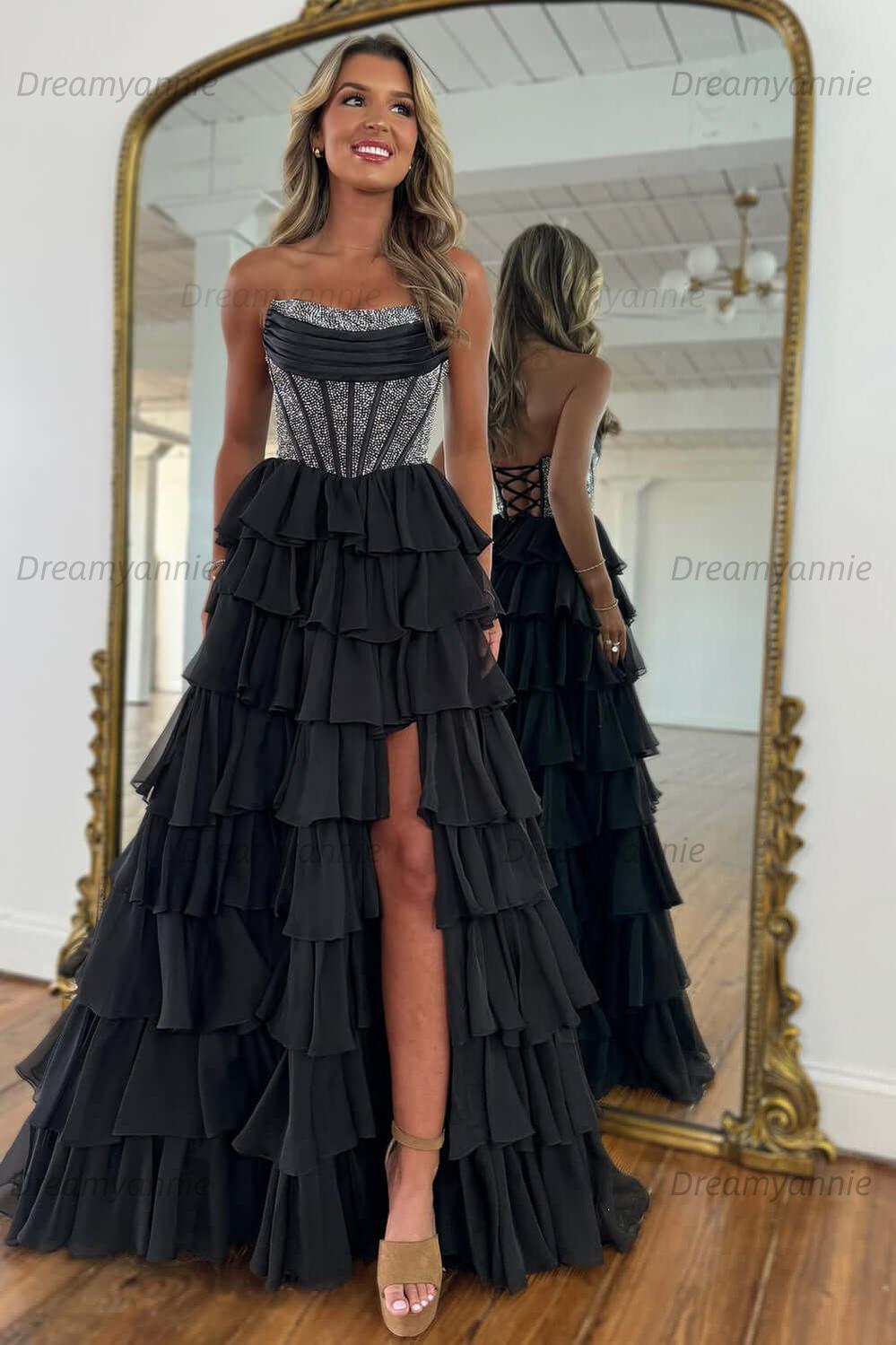 Dreamyannie Navy Prom Dress A Line Strapless Corset Long Chiffon Formal Dress