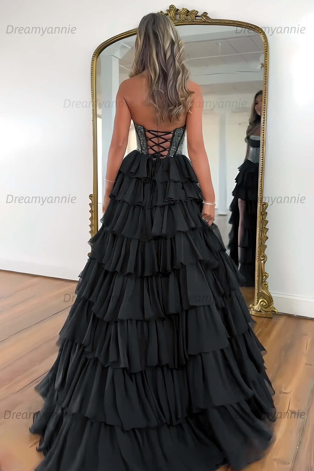 Dreamyannie Navy Prom Dress A Line Strapless Corset Long Chiffon Formal Dress