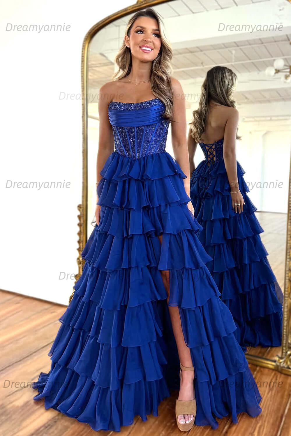 Dreamyannie Navy Prom Dress A Line Strapless Corset Long Chiffon Formal Dress