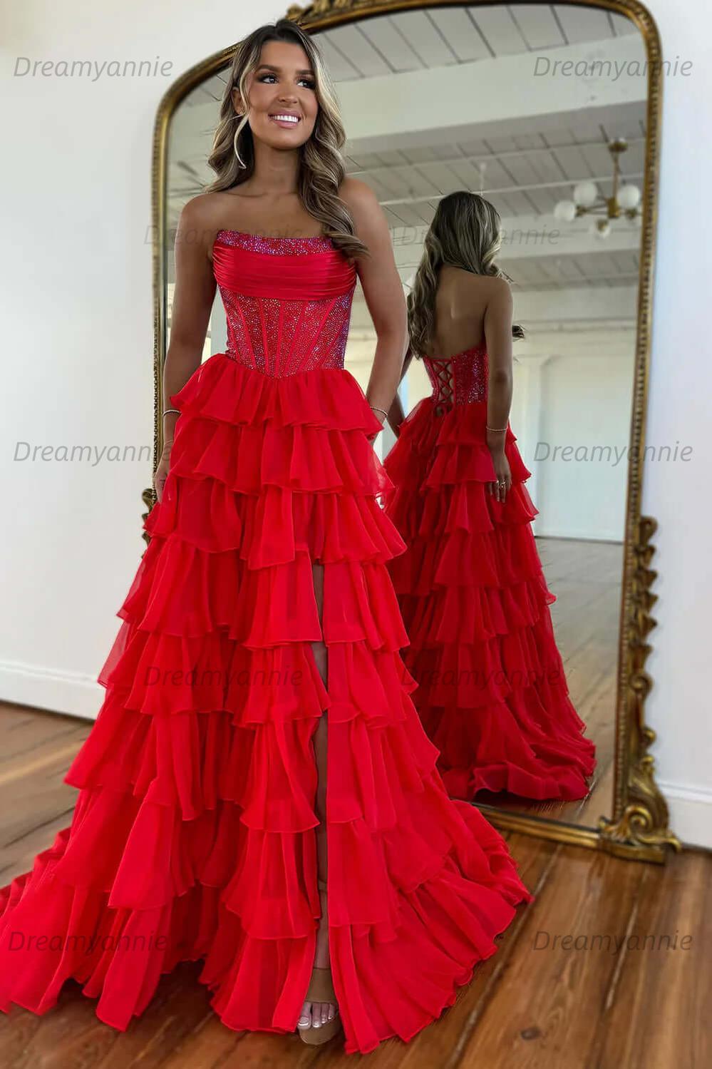 Dreamyannie Navy Prom Dress A Line Strapless Corset Long Chiffon Formal Dress