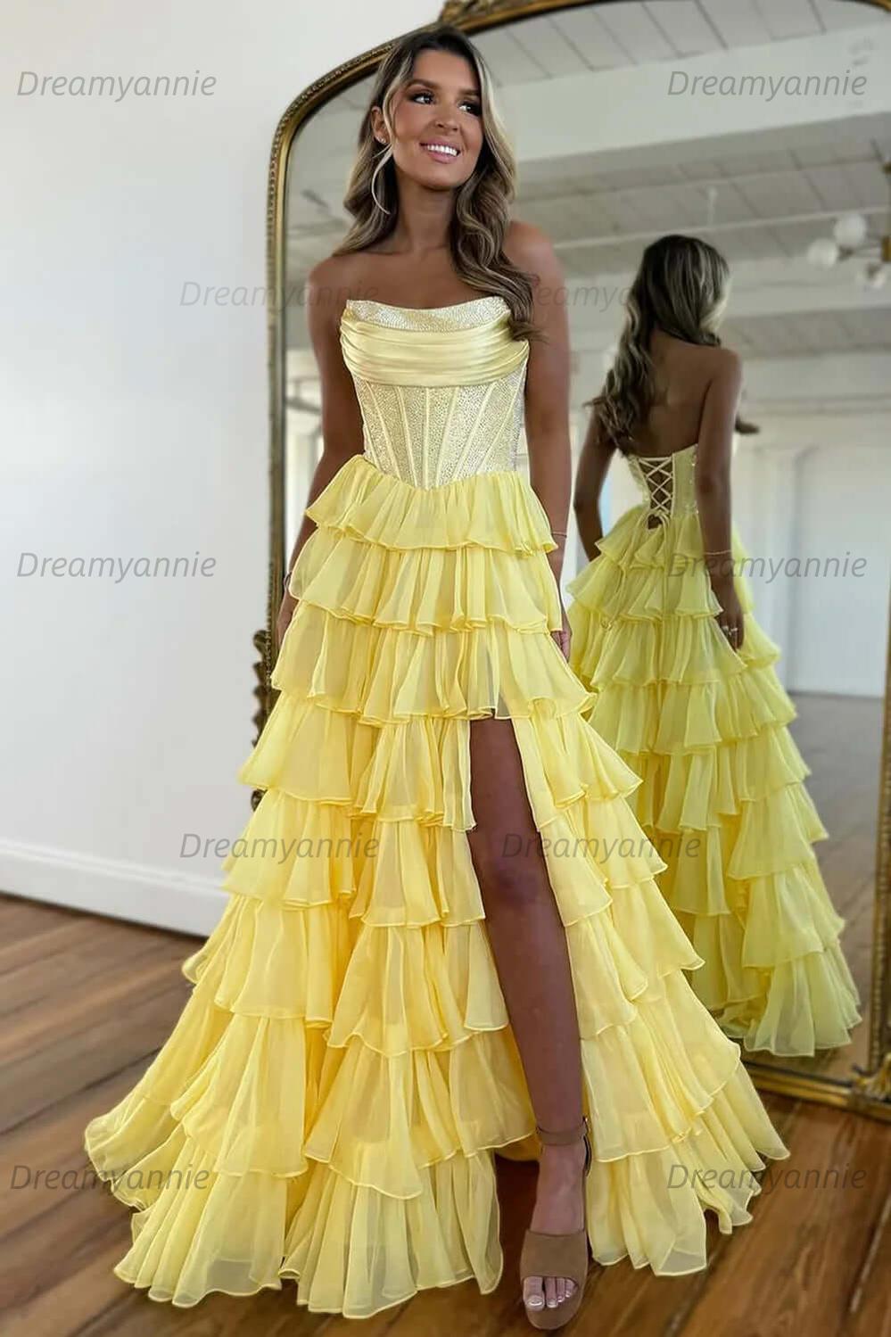 Dreamyannie Navy Prom Dress A Line Strapless Corset Long Chiffon Formal Dress