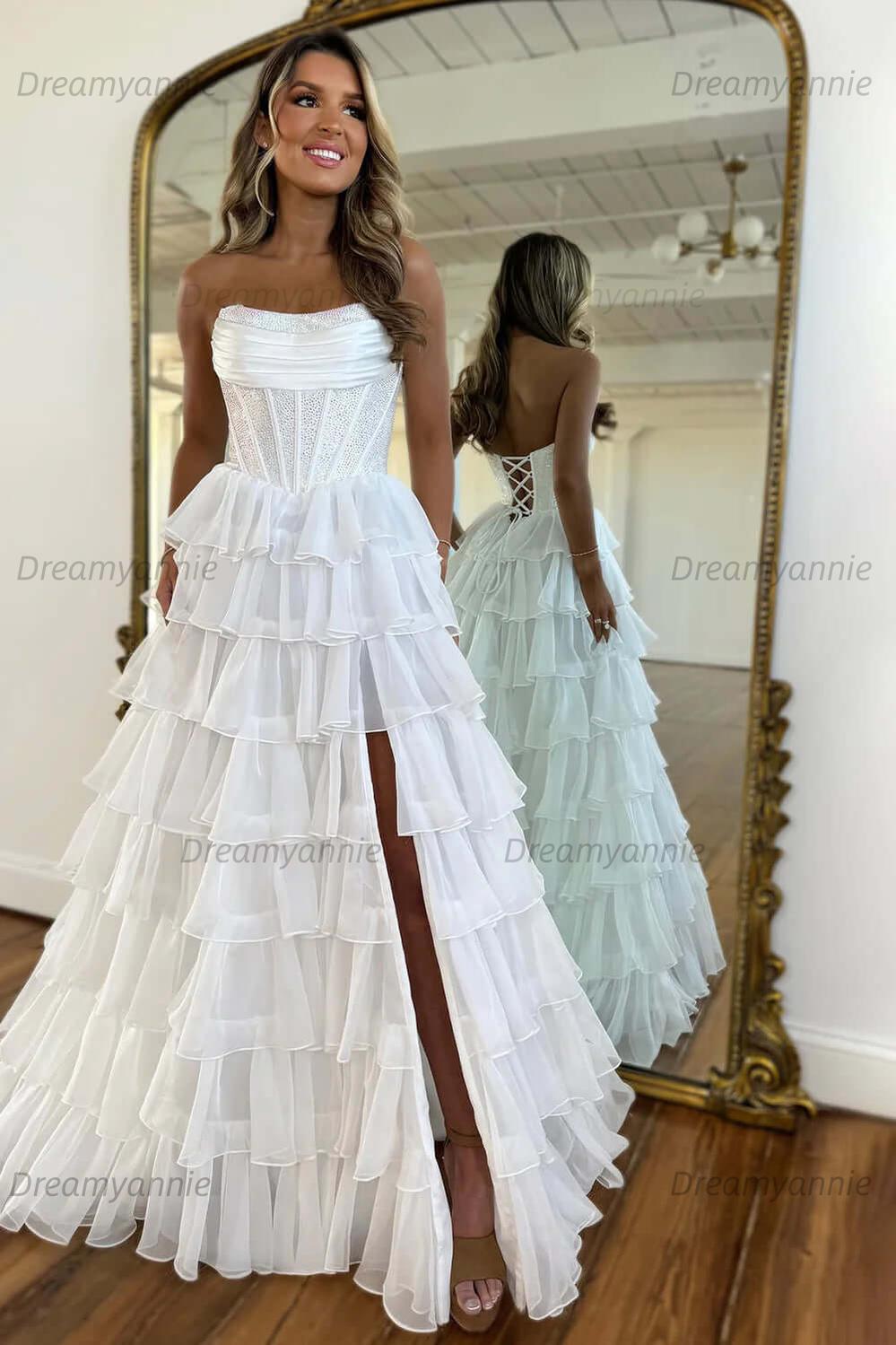 Dreamyannie A Line Tiered Prom Dress Strapless Corset Long Chiffon Formal Dress With Slit