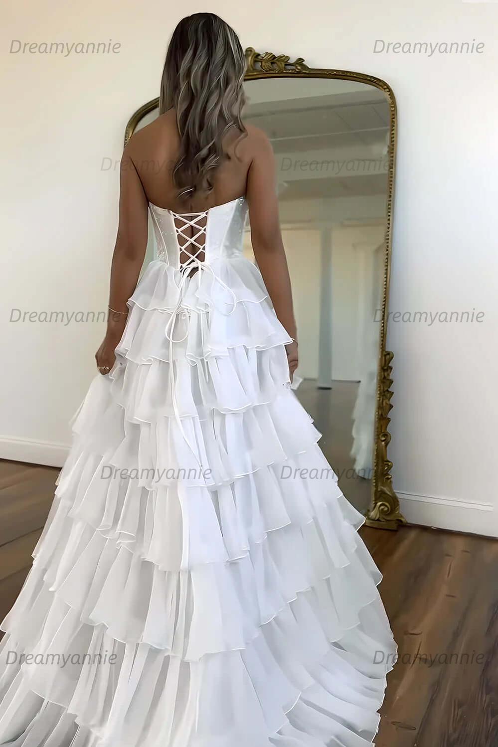 Dreamyannie A Line Tiered Prom Dress Strapless Corset Long Chiffon Formal Dress With Slit
