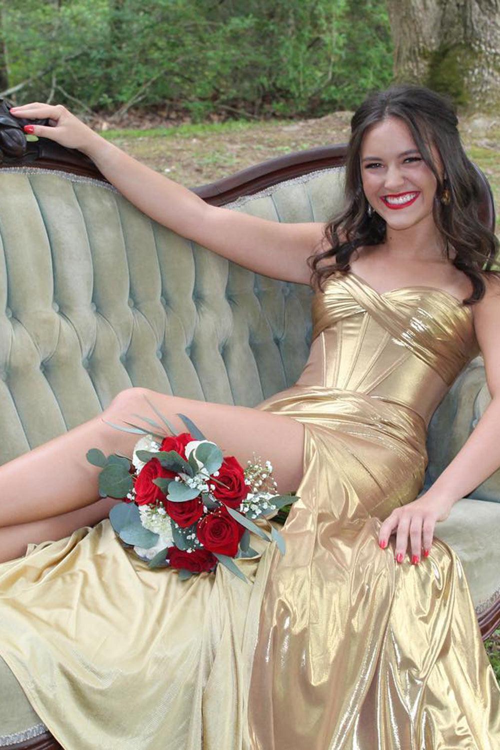 Dark Blue Strapless Prom Dress Mermaid Metallic Long Evening Dress With Slit