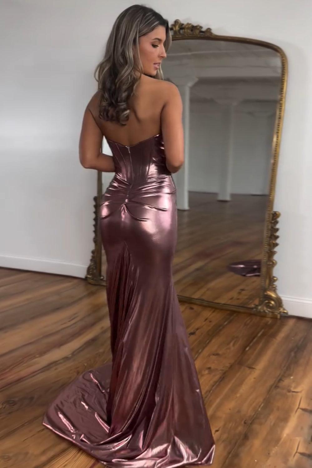 Dark Blue Strapless Prom Dress Mermaid Metallic Long Evening Dress With Slit