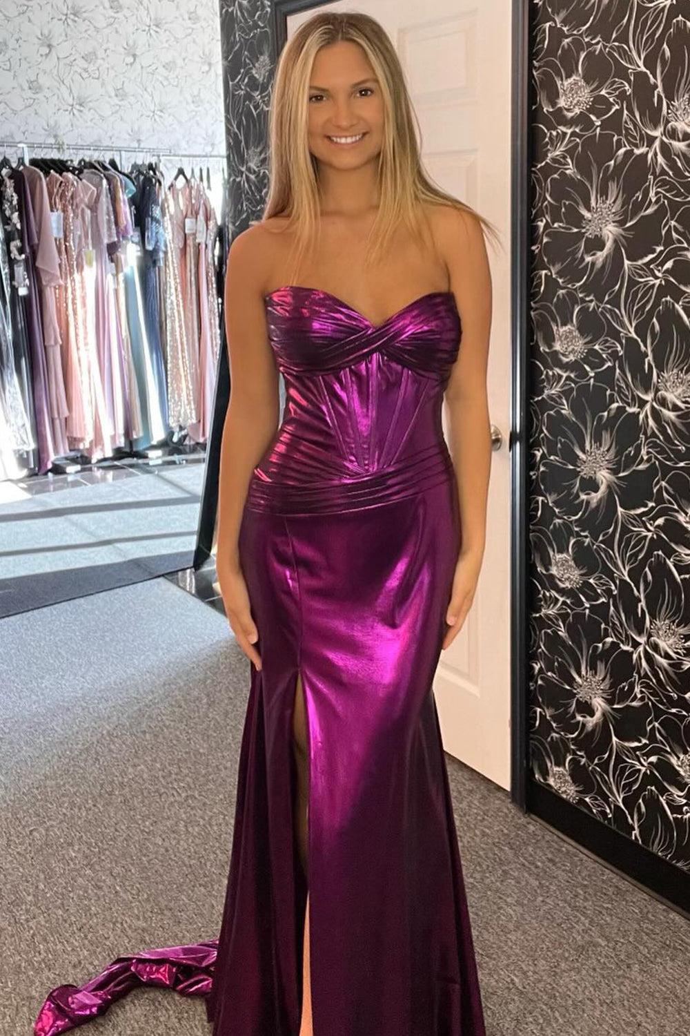 Dark Blue Strapless Prom Dress Mermaid Metallic Long Evening Dress With Slit