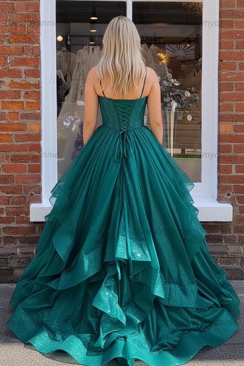 Dark Green A Line Long Corset Prom Dress With Ruffles – Dreamyannie UK