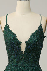 Dark Green A Line Prom Dress Tulle Appliques Long Evening Dress with Slit