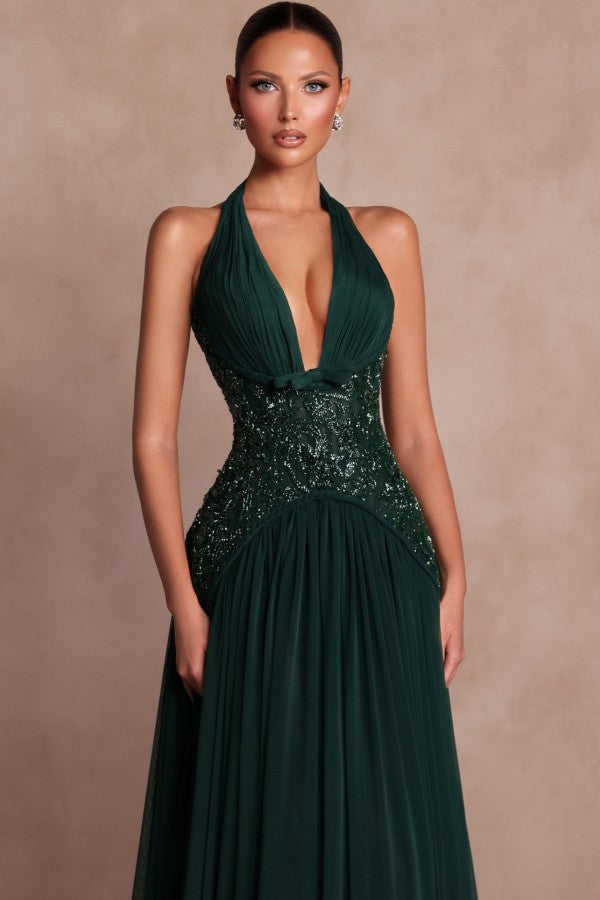 Dark Green Chiffon A Line Prom Dress with Halter Neck and Open Back