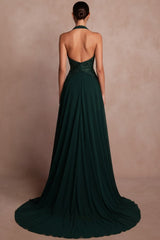 Dark Green Chiffon A Line Prom Dress with Halter Neck and Open Back