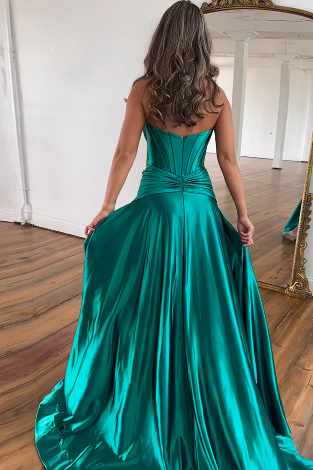 Dark Green Corset Prom Dress A Line Satin Long Evening Dress with Slit