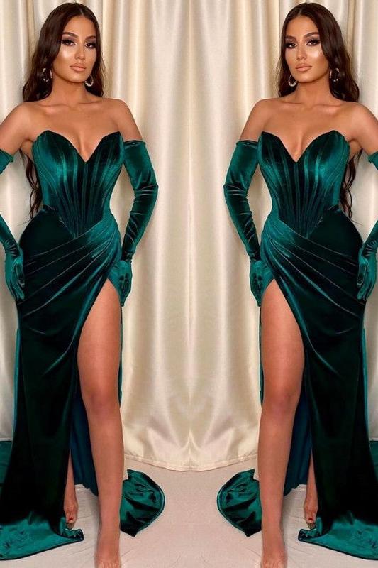 Dark Green Front Split V Neck Sleeveless Velvet Mermaid Evening Dress