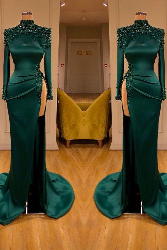 Dark Green Long Sleeve Evening Dress Mermaid Prom Dress With Slit