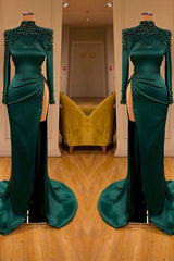 Dark Green Long Sleeve Evening Dress Mermaid Prom Dress With Slit