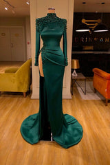 Dark Green Long Sleeve Evening Dress Mermaid Prom Dress With Slit