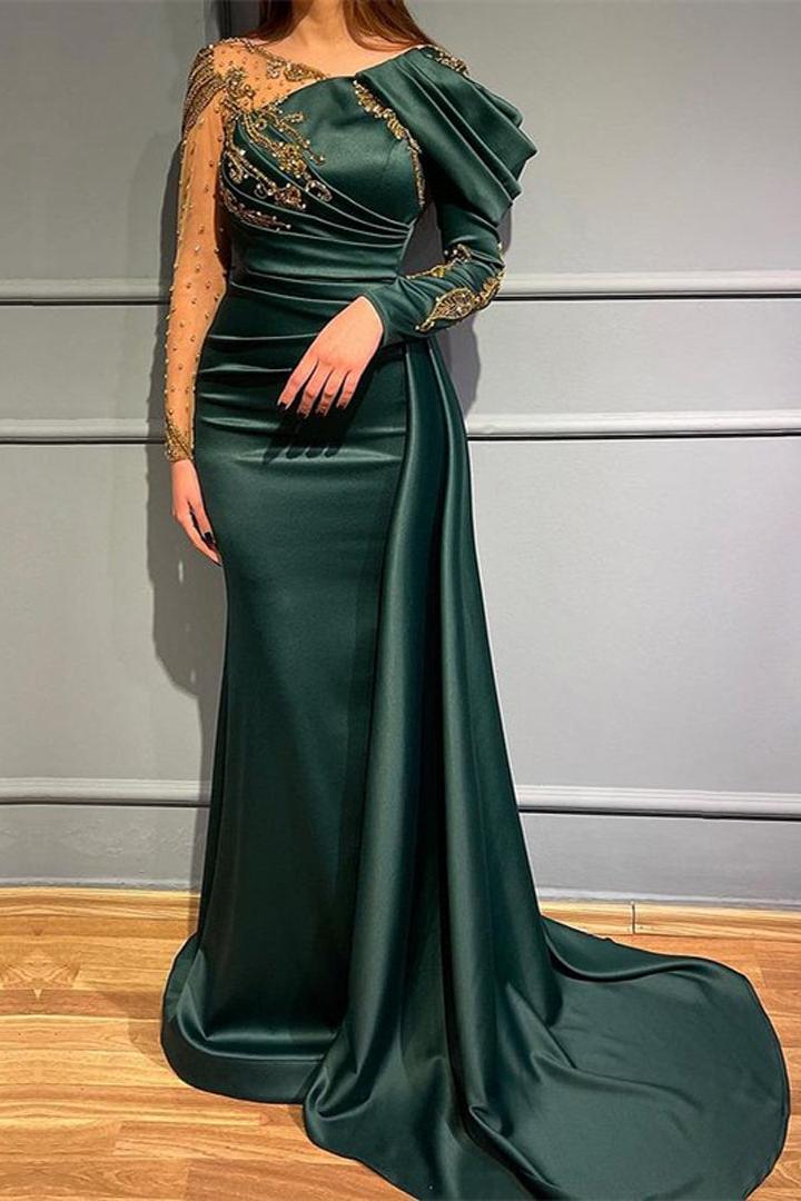 Dark Green Long Sleeves Beads Mermaid Evening Dress with Appliques