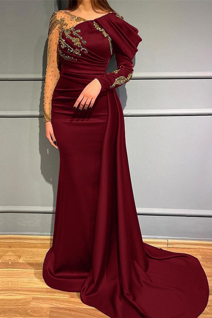 Dark Green Long Sleeves Beads Mermaid Evening Dress with Appliques