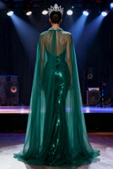 Dark Green Mermaid Halter Long Sequin Pageant Dress With Cape