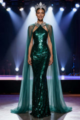 Dark Green Mermaid Halter Long Sequin Pageant Dress With Cape