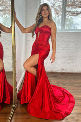 Dark Green Mermaid Sweetheart Long Prom Dress Satin with Slit