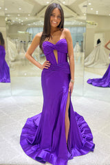 Dark Green Mermaid Sweetheart Long Prom Dress Satin with Slit