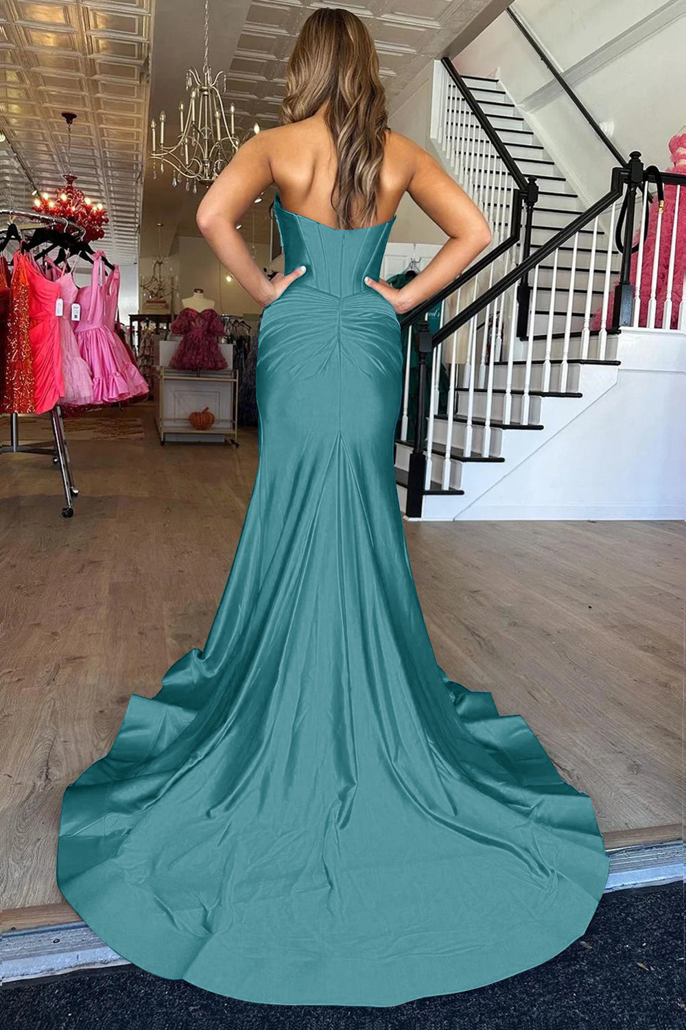 Dark Green Mermaid Sweetheart Long Satin Prom Dress with Slit