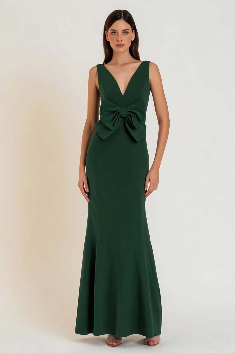 Dark Green Mermaid V-Neck Bowknot Long Prom Dress With Slit