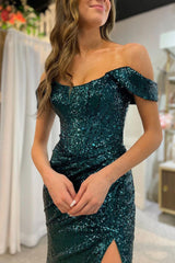 Dark Green Off the Shoulder Prom Dress Mermaid Evening Dress with Slit