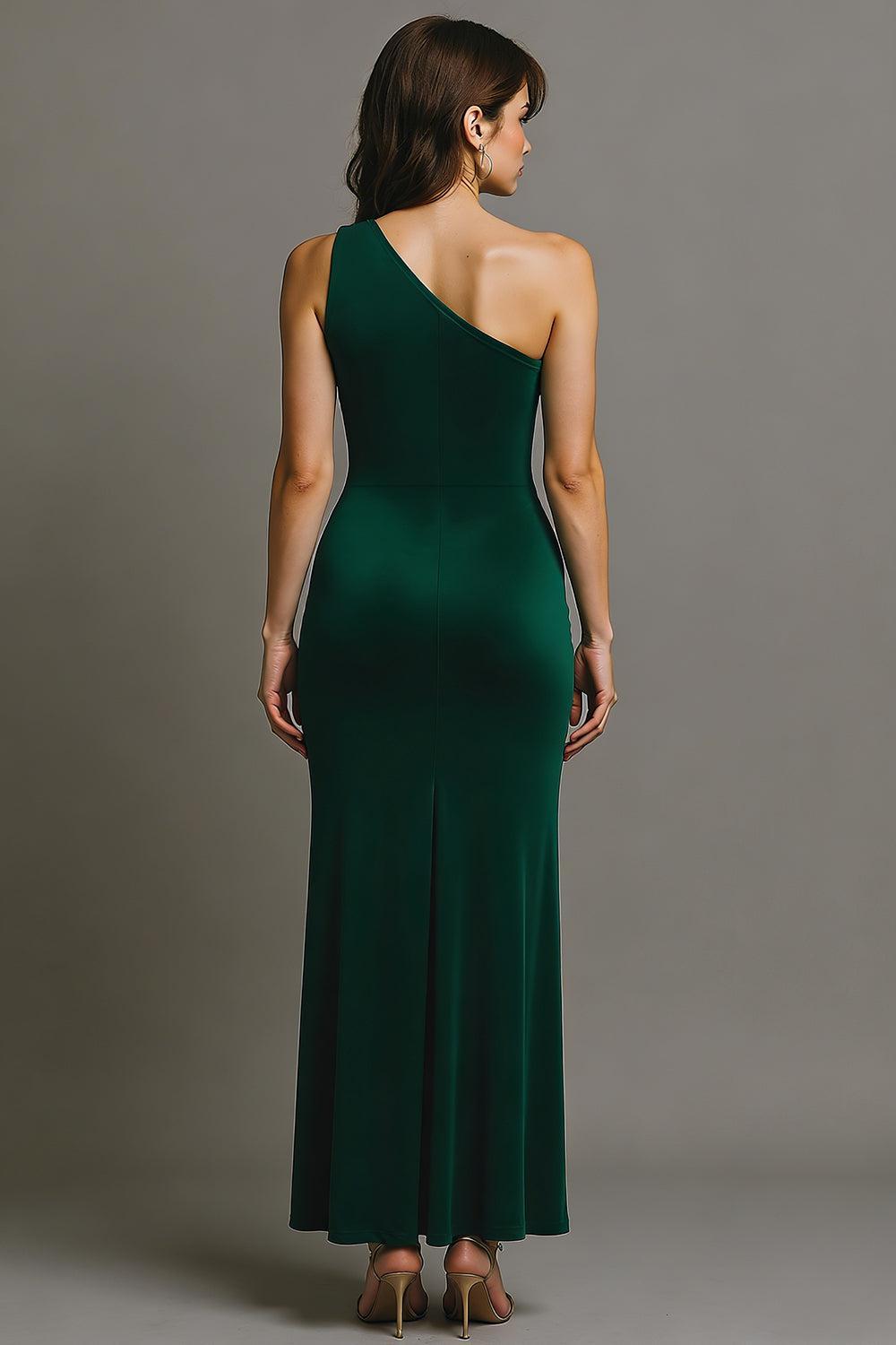 Dark Green One Shoulder Long Mermaid Prom Dress With Slit