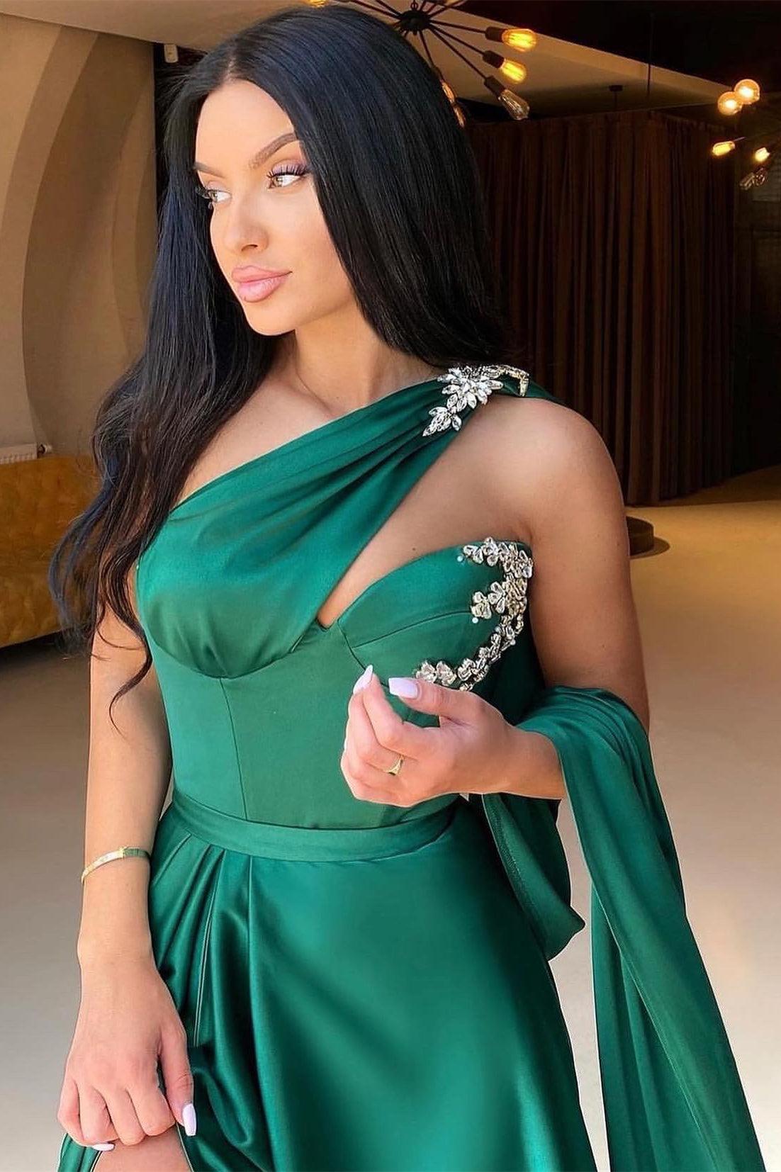 Dark Green One Shoulder Mermaid Evening Dress with Split and Beadings