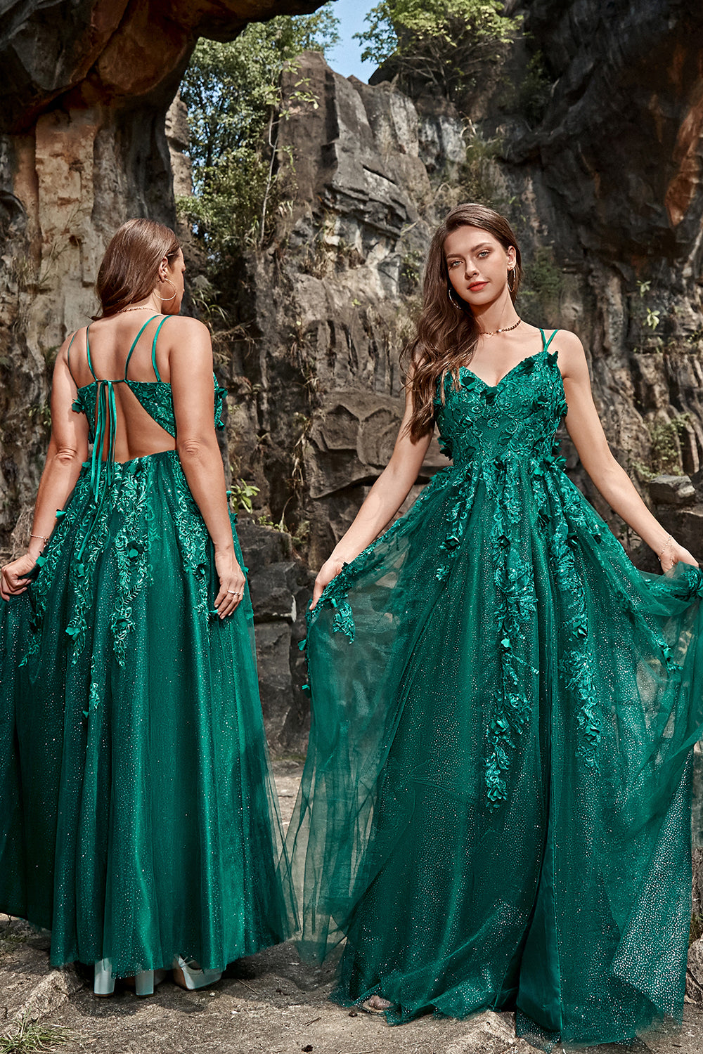 Dark Green Prom Dress A Line Long Tulle Evening Dress with Appliques