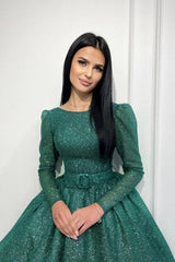 Dark Green Prom Dress A Line Sequined Ankle Length Formal Dress With Sleeves