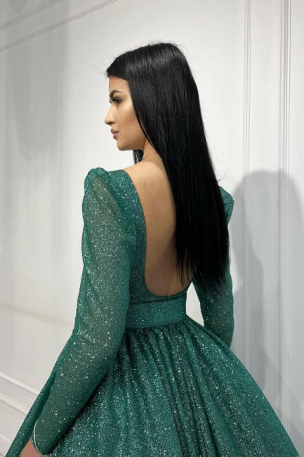 Dark Green Prom Dress A Line Sequined Ankle Length Formal Dress With Sleeves