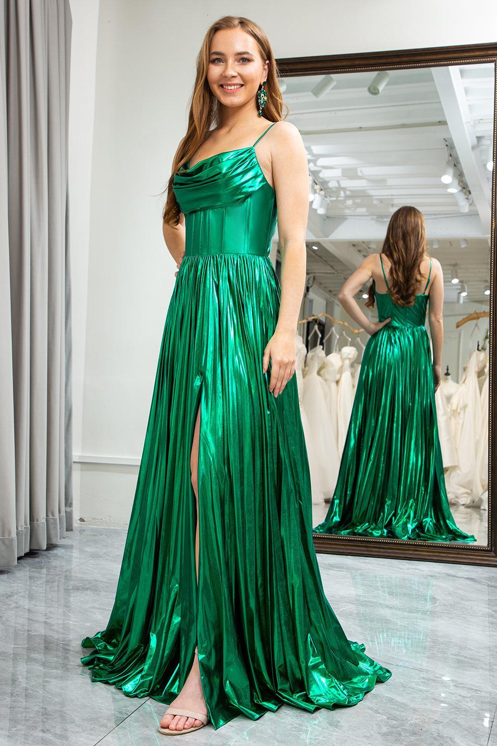 Dark Green Prom Dress A Line Spaghetti Straps Long Corset Evening Dress With Slit