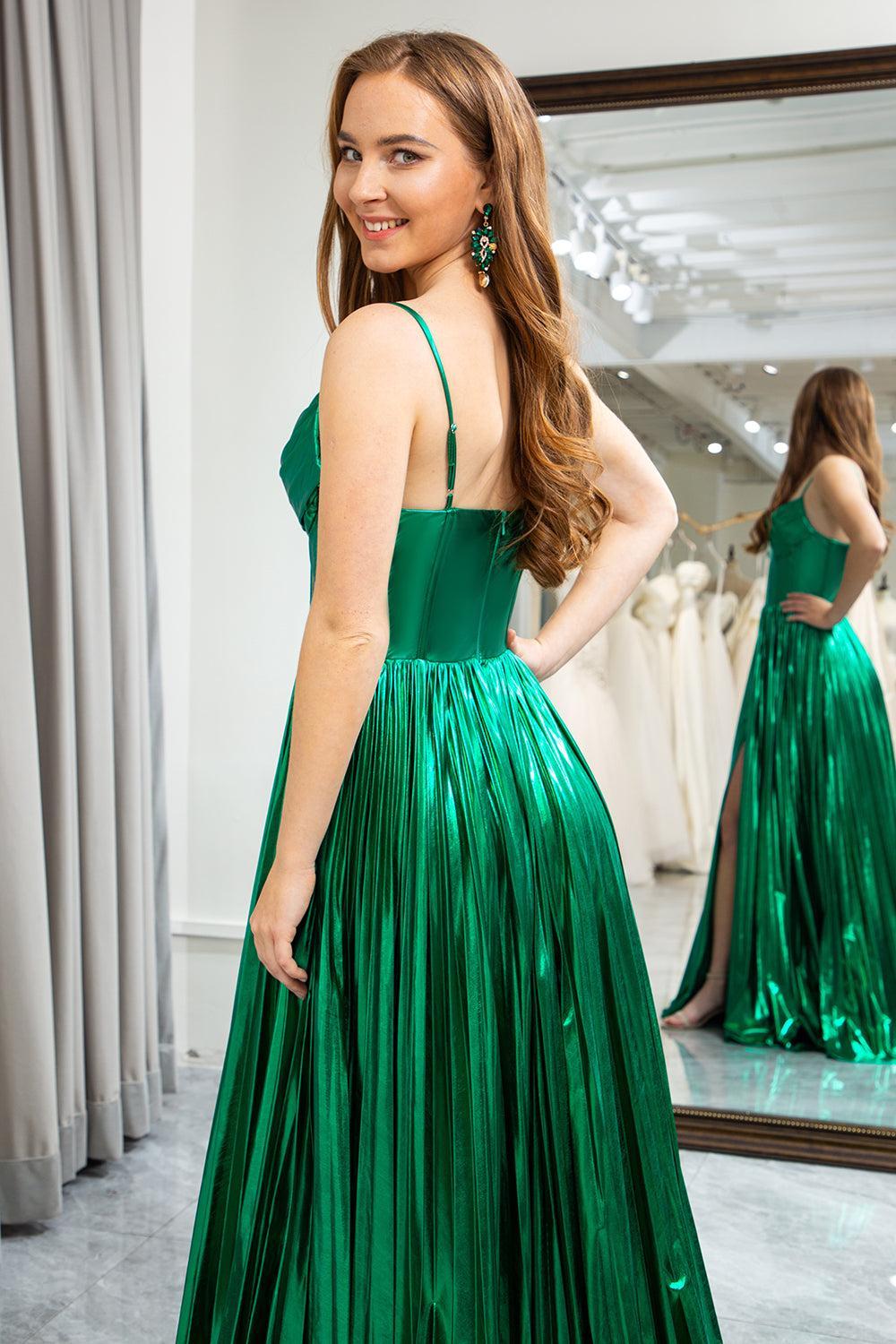 Dark Green Prom Dress A Line Spaghetti Straps Long Corset Evening Dress With Slit