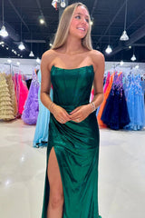 Dark Green Prom Dress Corset Metallic Long Evening Dress With Slit