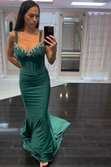 Dark Green Prom Dress Floral Mermaid Spaghetti Straps Long Evening Dress