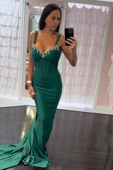 Dark Green Prom Dress Floral Mermaid Spaghetti Straps Long Evening Dress