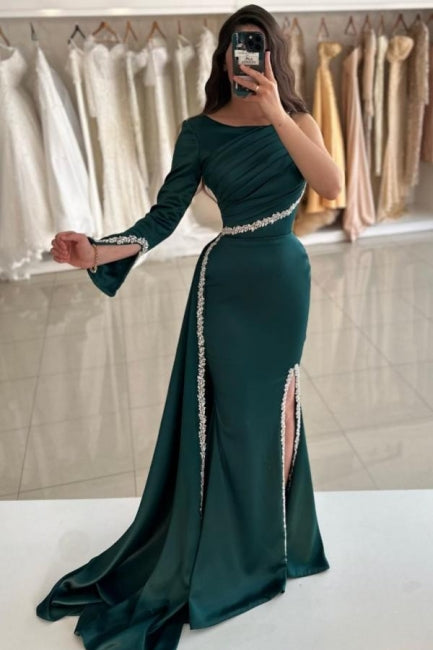 Dark Green Prom Dress Mermaid Crew One Shoulder Sleeve Beaded Panel Train Satin Slit Formal Dress With Rhinestone
