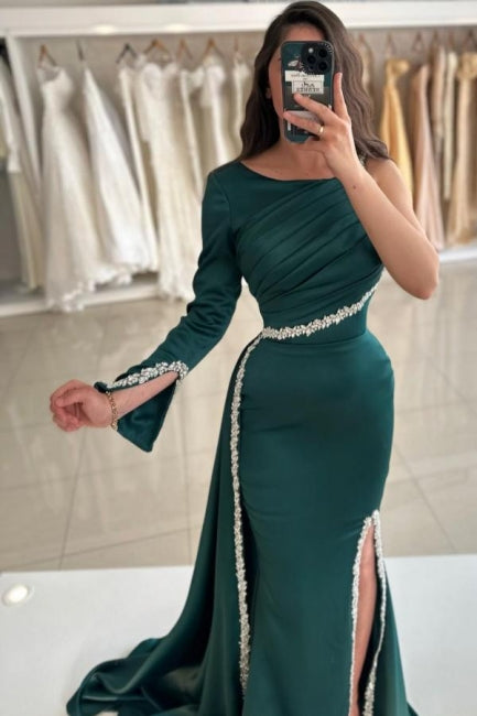 Dark Green Prom Dress Mermaid Crew One Shoulder Sleeve Beaded Panel Train Satin Slit Formal Dress With Rhinestone
