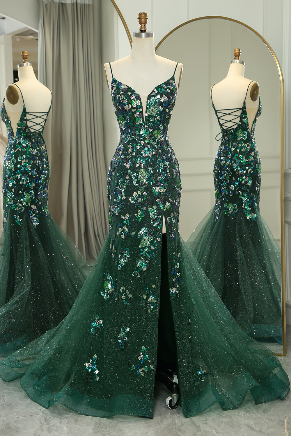 Dark Green Prom Dress Mermaid Long Appliqued Evening Dress With Slit