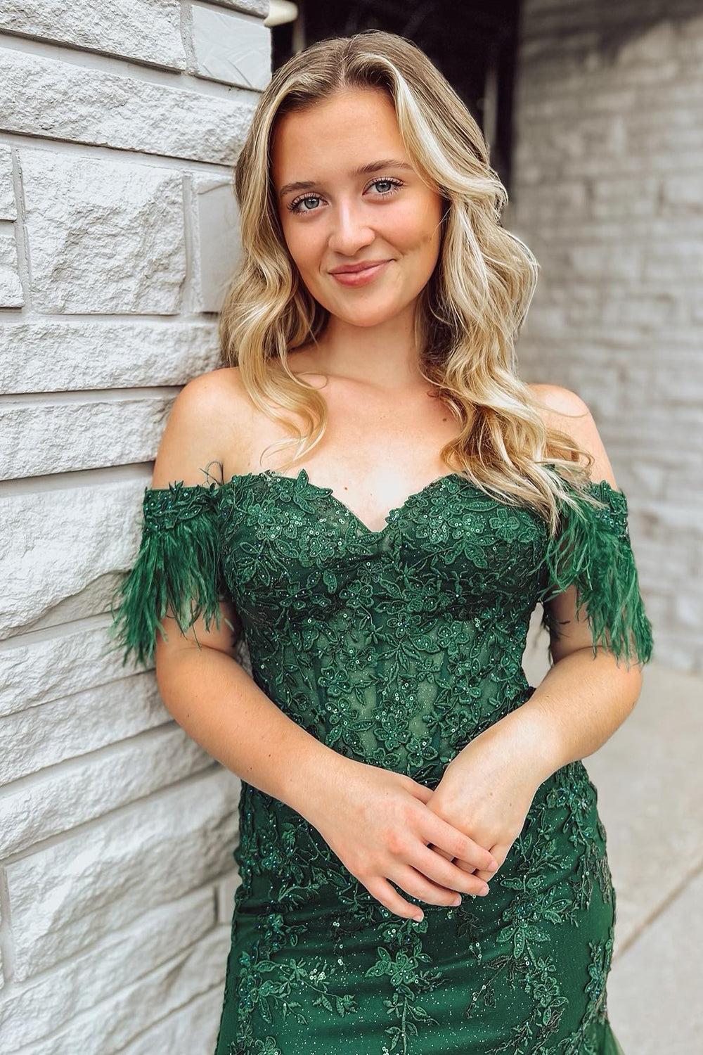 Dark Green Prom Dress Mermaid Long Lace Evening Dress with Feathers
